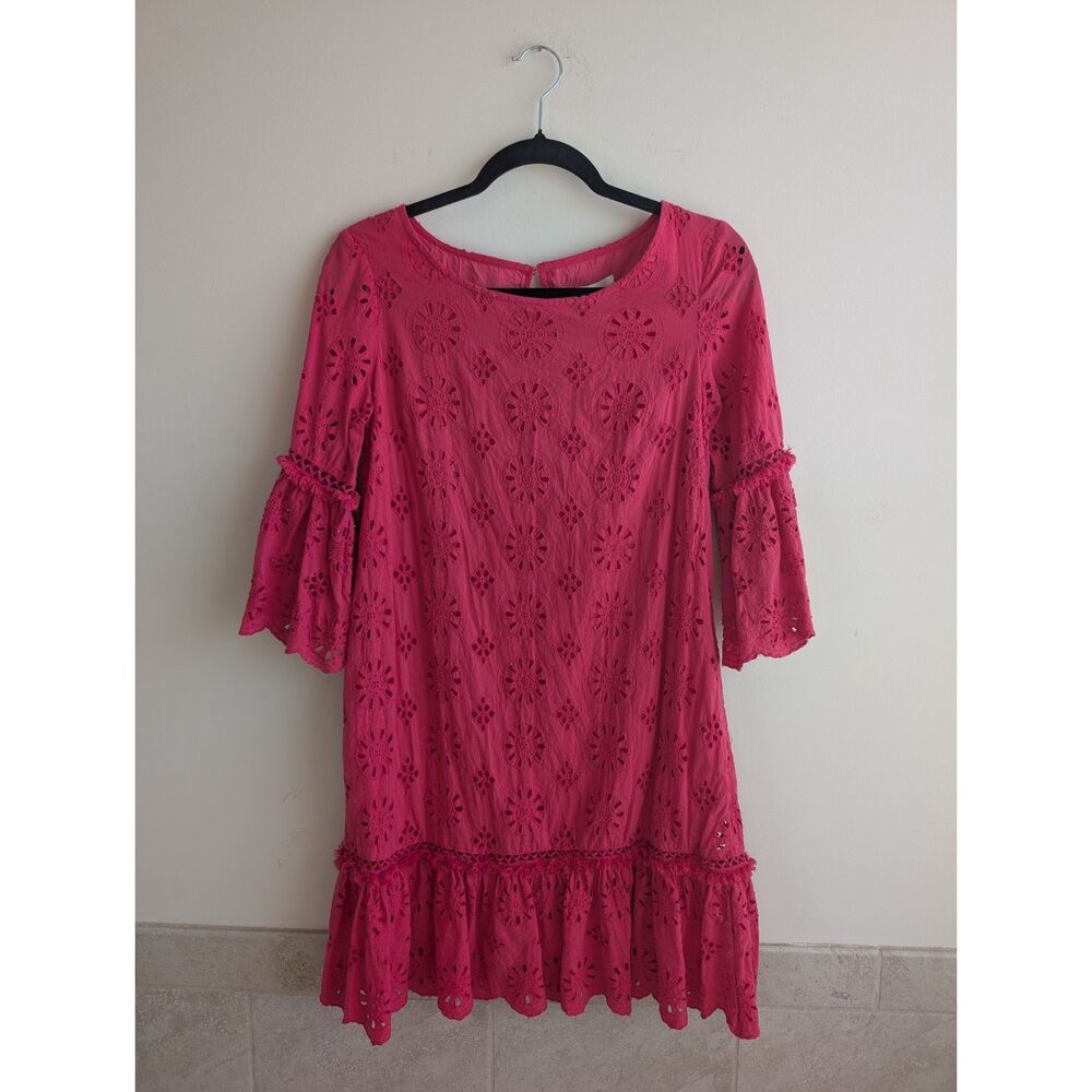 Anthropologie Size 0 Pink Eyelet Beaded Bell Sleeve Boho Ruffle Dress